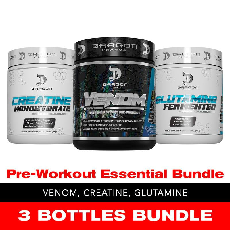 3 Bottles of Dragon Pharma Pre-Workout Essential Bundle: Venom Pre-Workout, Creatine 300G, Glutamine 300G