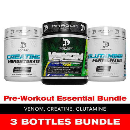 3 Bottles of Dragon Pharma Pre-Workout Essential Bundle: Venom Pre-Workout, Creatine 300G, Glutamine 300G