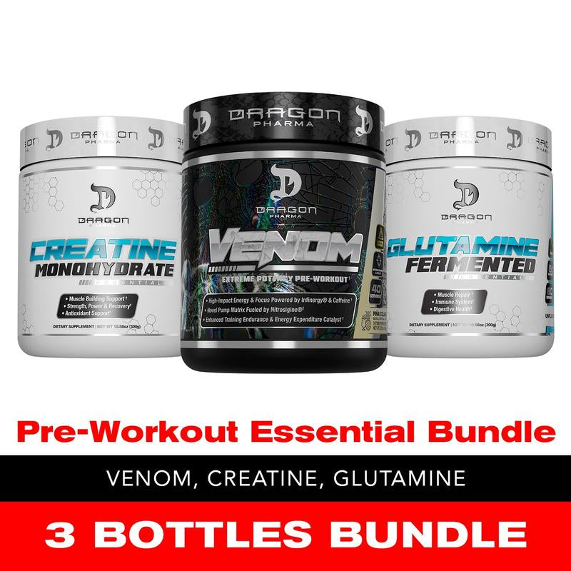 3 Bottles of Dragon Pharma Pre-Workout Essential Bundle: Venom Pre-Workout, Creatine 300G, Glutamine 300G