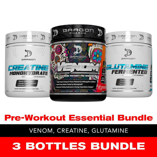 3 Bottles of Dragon Pharma Pre-Workout Essential Bundle: Venom Pre-Workout, Creatine 300G, Glutamine 300G