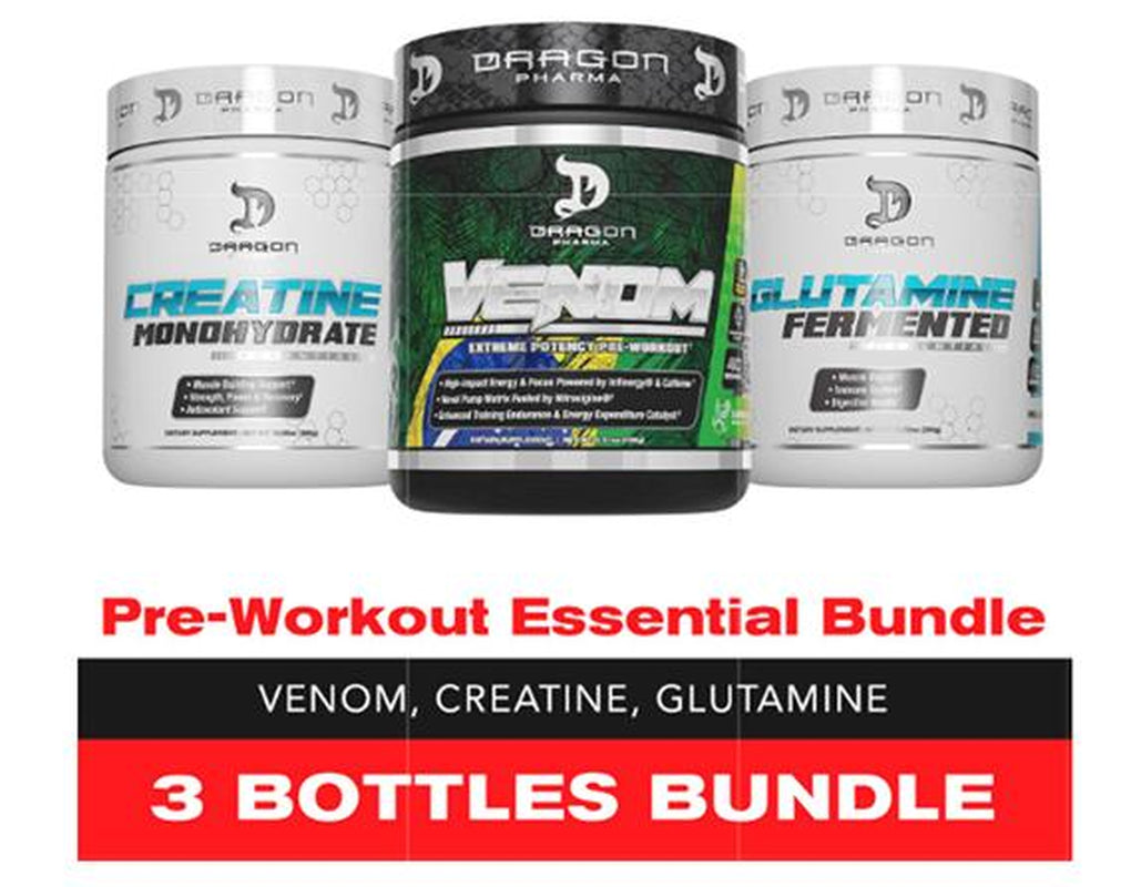 3 Bottles of Dragon Pharma Pre-Workout Essential Bundle: Venom Pre-Workout, Creatine 300G, Glutamine 300G