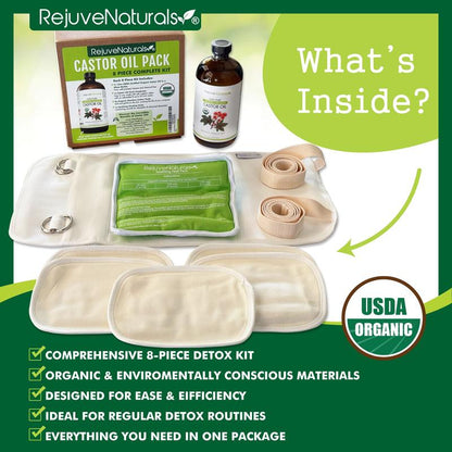 Castor Oil Pack for Liver & Detoxification + Overall Well-Being - 8 Piece Complete Kit. Includes 16Oz Glass Bottle of Organic Castor Oil, Easy to Use Castor Oil Compress with Adjustable Fit, 5 Soft Cotton Pads & Soothing Heat Pack. Pain Relief Relaxation