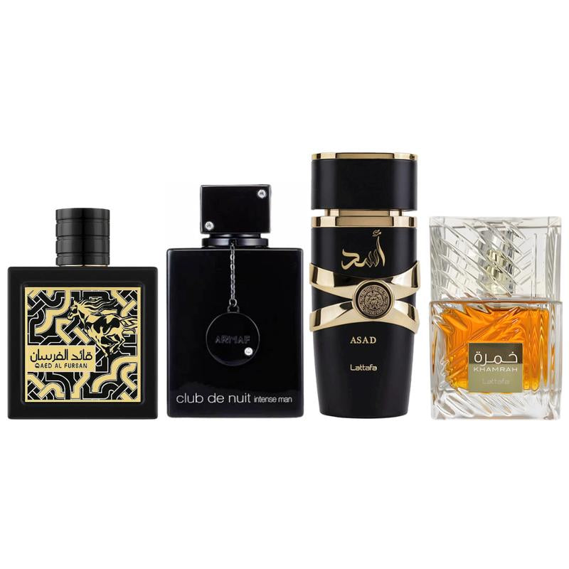 Afnan CLUB De NUIT BLACK + Asad+ Qaed Al Fursan + Khamrah by Lattafa Perfumes 3.4Oz (100ML) - Fragrance Gift Bundle