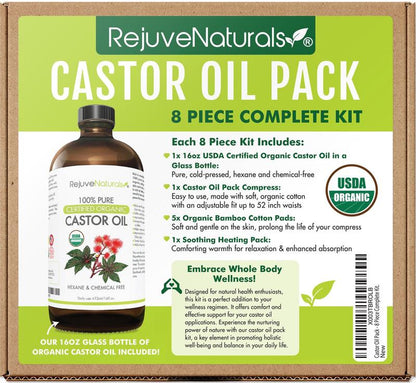 Castor Oil Pack for Liver & Detoxification + Overall Well-Being - 8 Piece Complete Kit. Includes 16Oz Glass Bottle of Organic Castor Oil, Easy to Use Castor Oil Compress with Adjustable Fit, 5 Soft Cotton Pads & Soothing Heat Pack. Pain Relief Relaxation