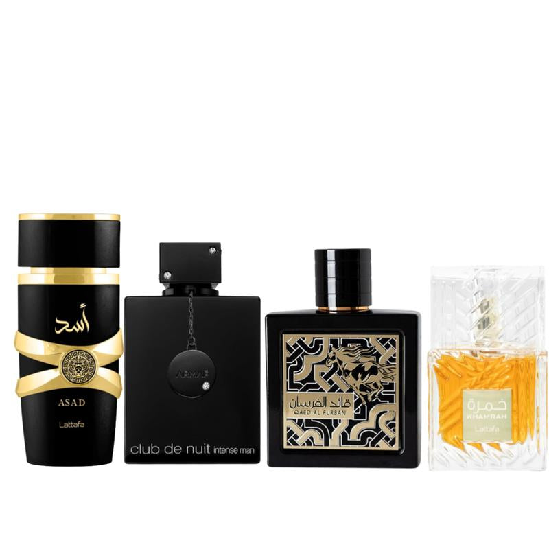 Afnan CLUB De NUIT BLACK + Asad+ Qaed Al Fursan + Khamrah by Lattafa Perfumes 3.4Oz (100ML) - Fragrance Gift Bundle