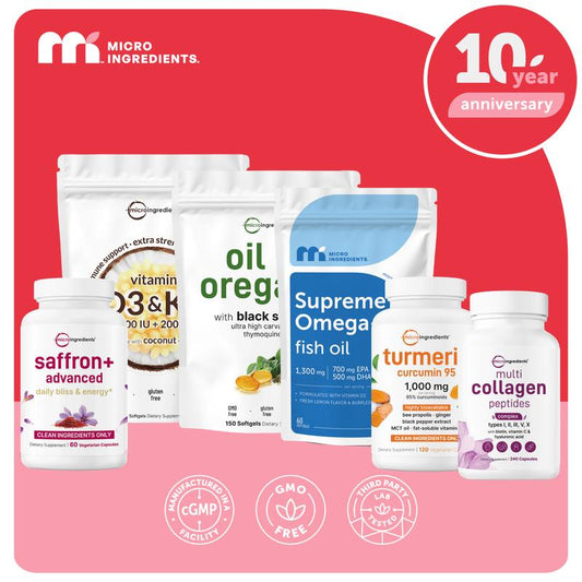 Micro Ingredients Signature Bundle: Oregano Oil 150 Softgels, Supreme Omega-3 Fish Oil 60 Softgels, Turmeric Curcumin 120 Vegetarian Capsules, Multi Collagen Complex 240 Capsules, Saffron+ Advanced 60 Capsules & Vitamin D3 K2 180 Softgels
