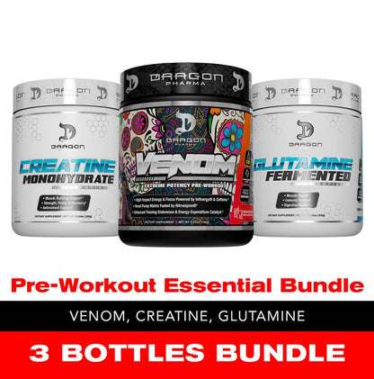 3 Bottles of Dragon Pharma Pre-Workout Essential Bundle: Venom Pre-Workout, Creatine 300G, Glutamine 300G