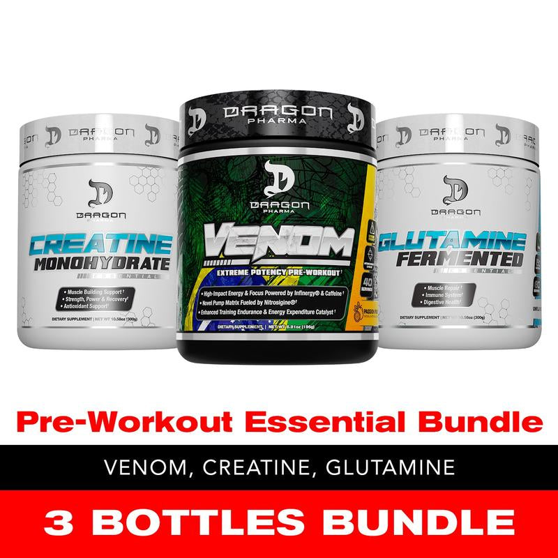 3 Bottles of Dragon Pharma Pre-Workout Essential Bundle: Venom Pre-Workout, Creatine 300G, Glutamine 300G
