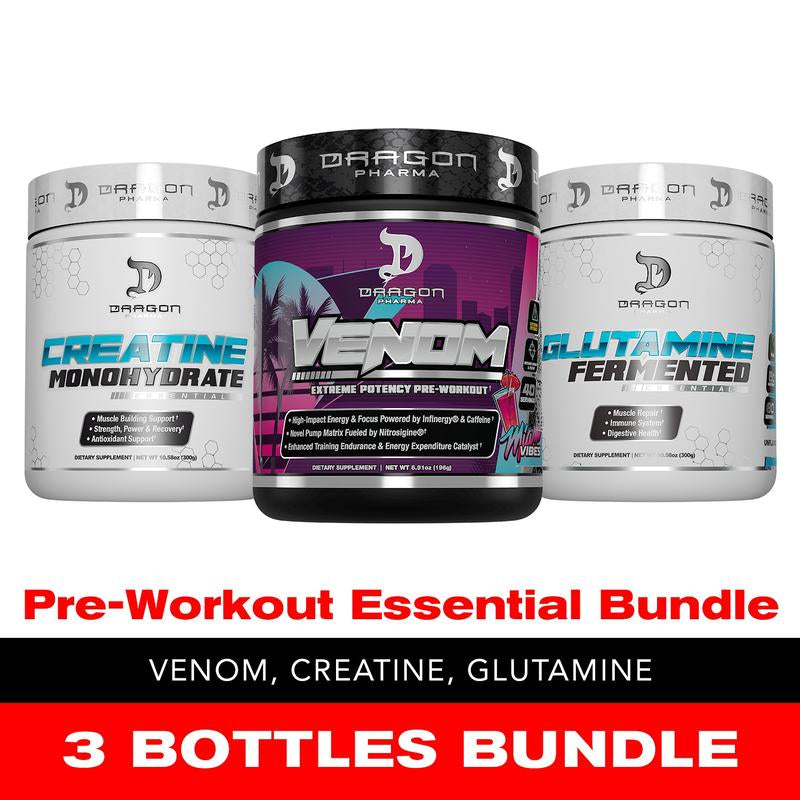 3 Bottles of Dragon Pharma Pre-Workout Essential Bundle: Venom Pre-Workout, Creatine 300G, Glutamine 300G
