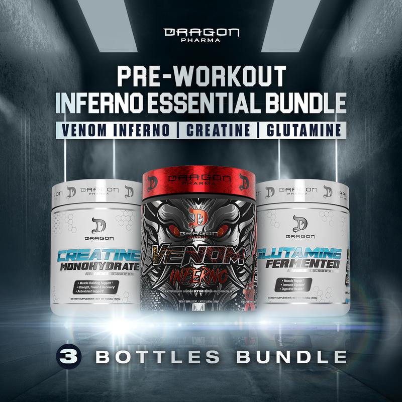 3 Bottles of Dragon Pharma Pre-Workout Essential Bundle: Venom Pre-Workout, Creatine 300G, Glutamine 300G