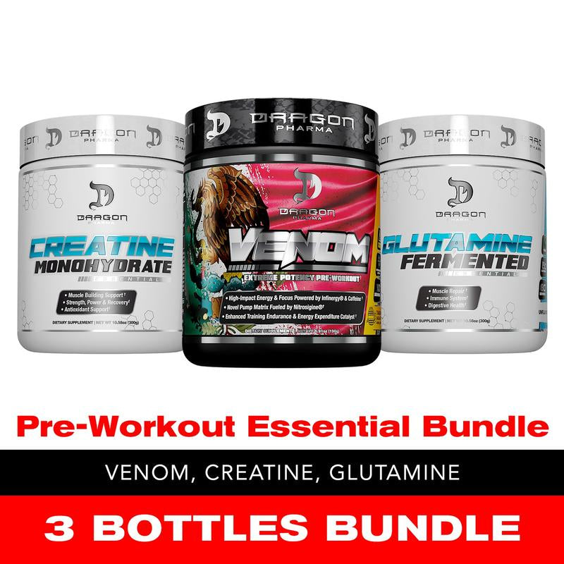 3 Bottles of Dragon Pharma Pre-Workout Essential Bundle: Venom Pre-Workout, Creatine 300G, Glutamine 300G