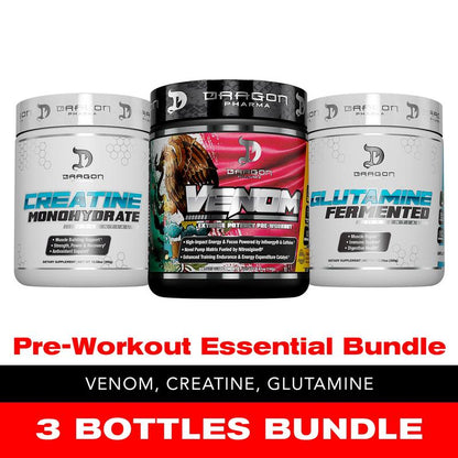 3 Bottles of Dragon Pharma Pre-Workout Essential Bundle: Venom Pre-Workout, Creatine 300G, Glutamine 300G